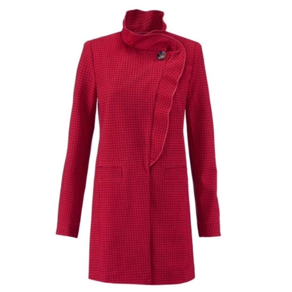 CAbi Women's Red Celebration Jacket 3546 Houndstooth Long Ruffled Coat  Small